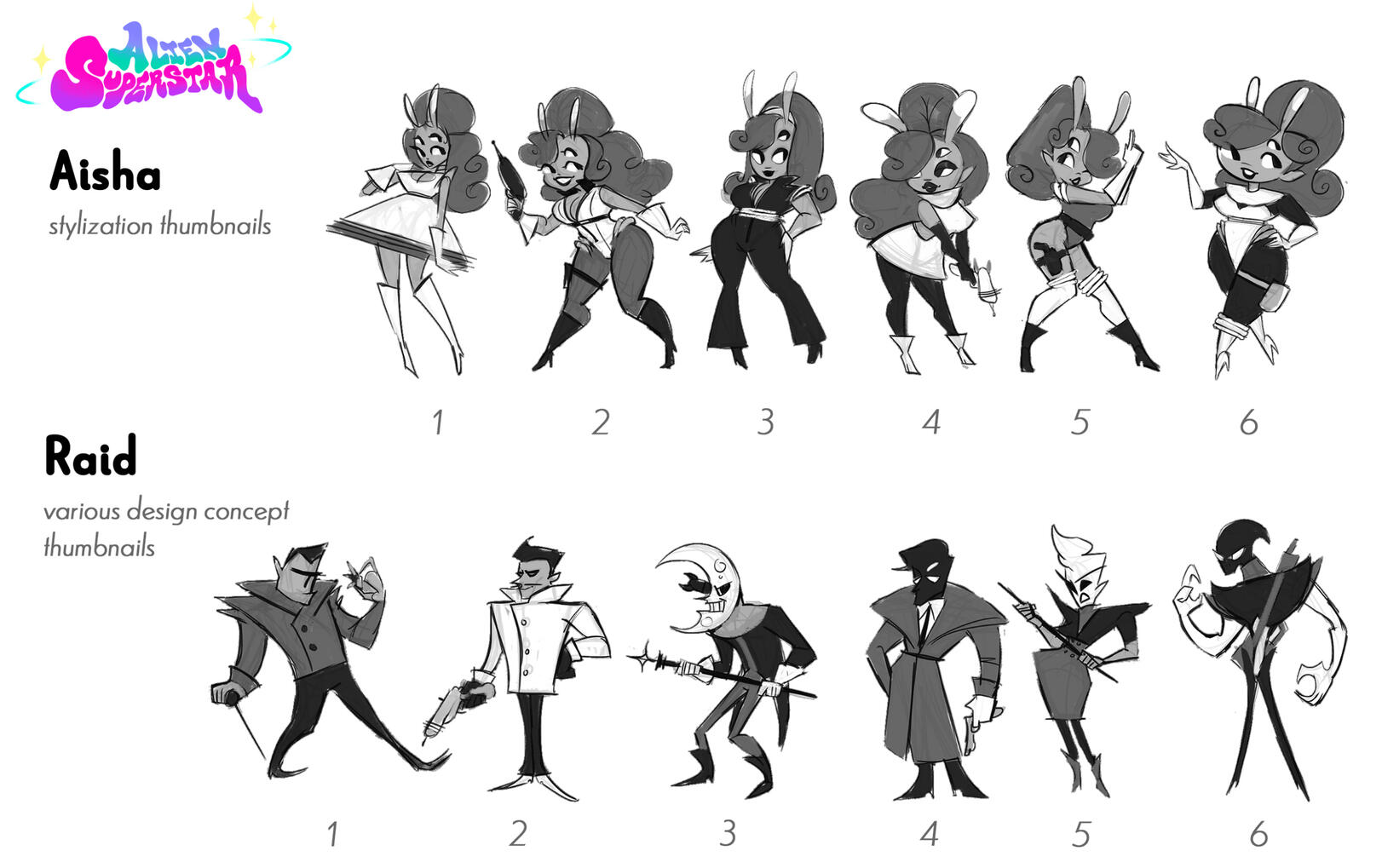 ALIEN SUPERSTAR - Character Design Thumbnails